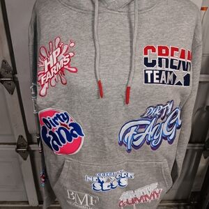 HP Farms Gray Graphic Hoodie with Colorful Patches